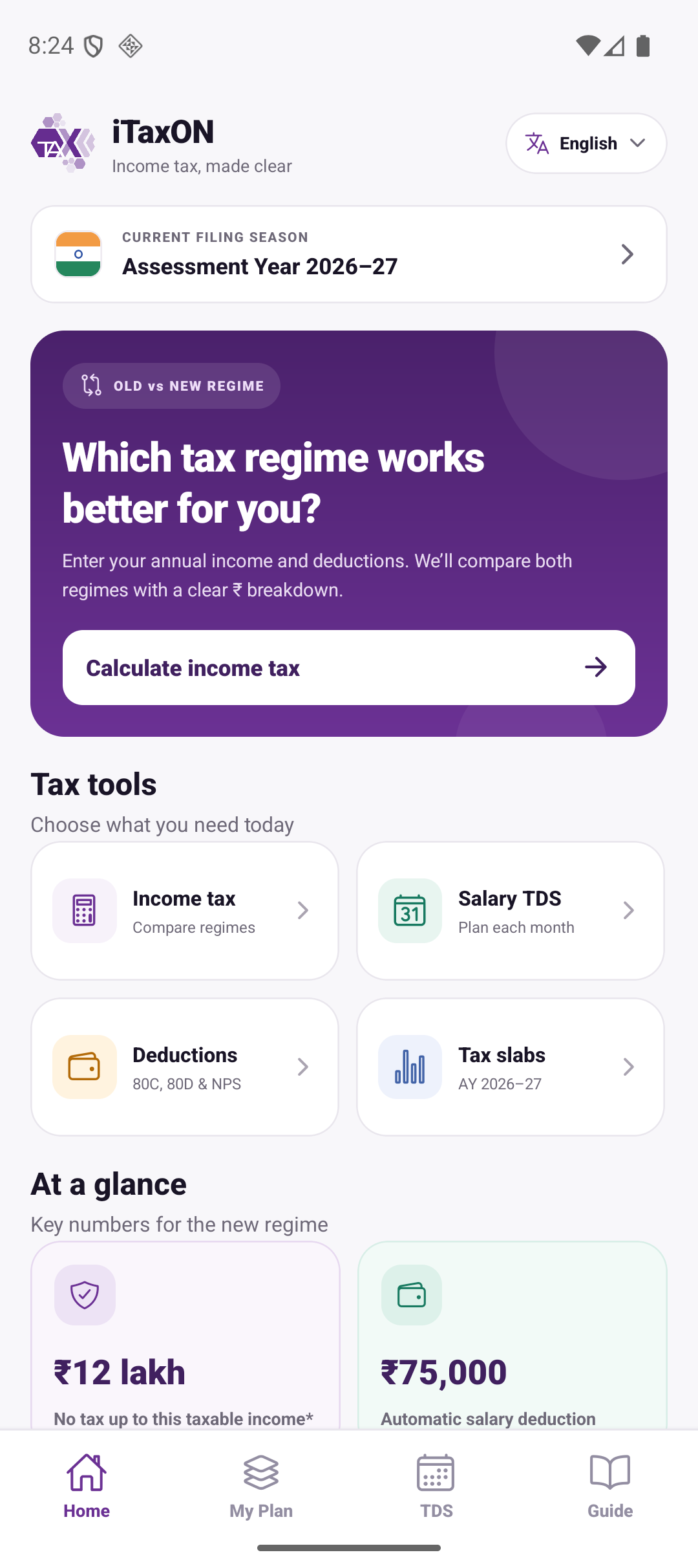 iTaxON home screen showing AY 2026–27 tax tools