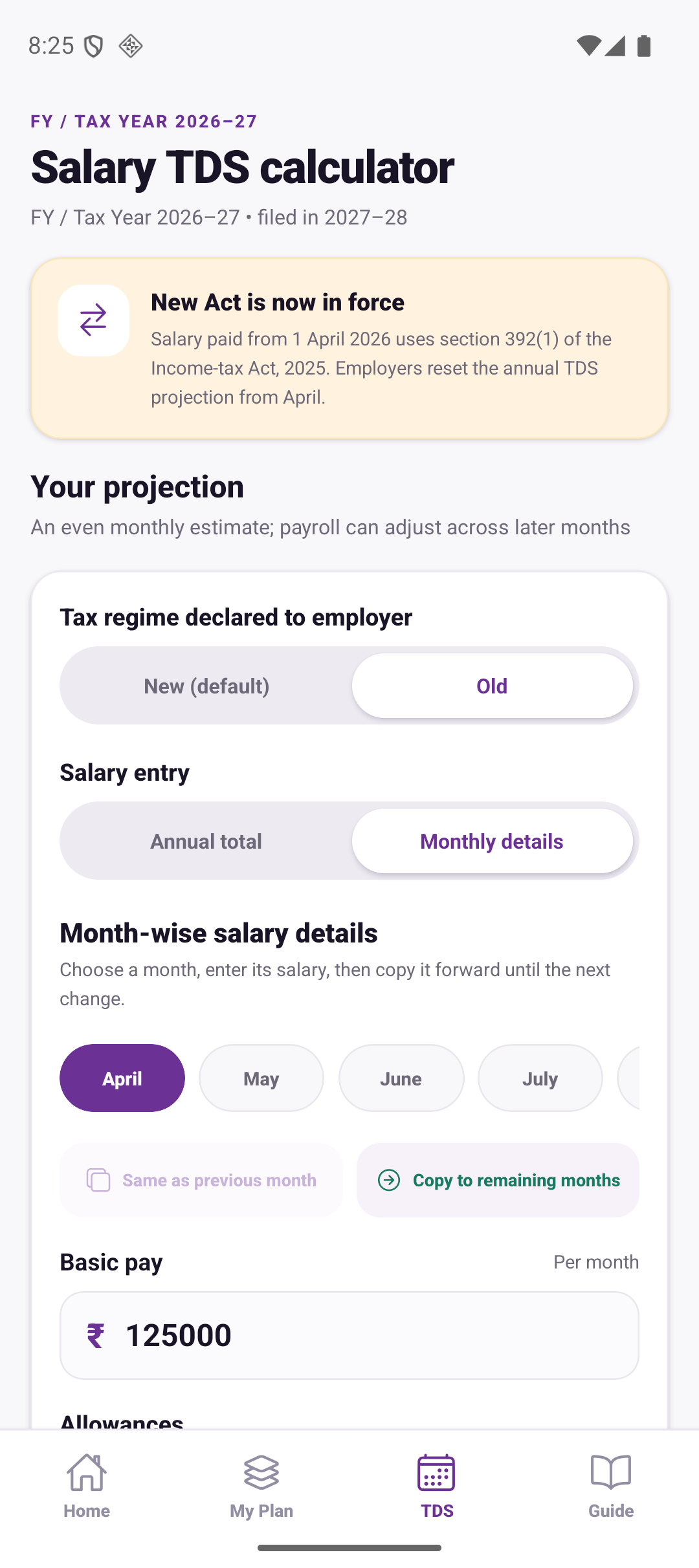 iTaxON month-wise salary details screen